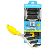 FUR4 deShedding Tool for Short Hair Cats, displayed both in packaging and out of the box to show the ergonomic yellow handle and four-blade design FUR4 deShedding Tool for Short Hair Cats, displayed both in packaging and out of the box to show the ergonomic yellow handle and four-blade design
