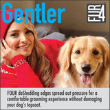FUR4 deShedding Tool “Gentler” feature image of a woman with a long-haired dog, highlighting how four deShedding edges spread out pressure for a comfortable grooming experience without damaging the dog’s topcoat FUR4 deShedding Tool “Gentler” feature image of a woman with a long-haired dog, highlighting how four deShedding edges spread out pressure for a comfortable grooming experience without damaging the dog’s topcoat