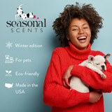 Smiling woman in a red sweater holding a sleeping French Bulldog puppy, alongside the Seasonal Scents logo and product features: winter edition, for pets, eco-friendly and made in the USA