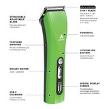 Infographic showing features of Andis ProClip 5-in-1 Cordless Clipper, Green