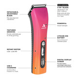Infographic showing features of Andis ProClip 5-in-1 Cordless Clipper, Sunset