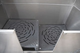 View of two Petology removable platforms inserted in the bottom of the Petology Stationary Stainless Steel Tub w/ Sliding Door, 60" x 24"
