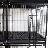 Close-up of interior of DuraDog Economy 6-Cage Bank STD, shown with divider and pan inserted and door opened