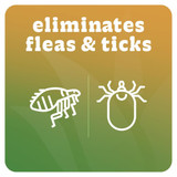 Graphic with the text “eliminates fleas & ticks” above icons of a flea and a tick on a green and gold background