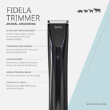 Feature callout graphic for the Wahl Fidela Cordless Trimmer showing lightweight and slim design, USB charging, 2-hour runtime, U-Blade and DC Motor