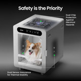 Graphic of Jirpet C7s Pet Dryer Cabin highlighting dual chip protection and dual sensor system for enhanced safety and thermal stability