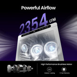 Graphic highlighting 2354 CFM airflow and high performance brushless motor in Jirpet CPlus Pet Dryer Cabin