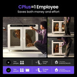 Graphic showing Jirpet CPlus Pet Dryer Cabin drying dogs hands-free, highlighting reduced labor and effort