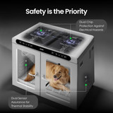 Graphic of Jirpet CPlus Pet Dryer Cabin highlighting dual chip protection and dual sensor system for enhanced safety and thermal stability