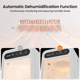 Graphic of Jirpet F1 Pet Dryer Cabin highlighting automatic dehumidification function that continuously monitors and reduces humidity levels for more efficient drying