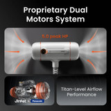 Graphic highlighting proprietary dual motors system that delivers 5.0 peak HP for powerful airflow performance
