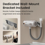 Graphic showing Jirpet Twin Titan I mounted on its wall bracket with integrated nozzle holder for organized, easy access storage