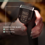 Graphic showing Diamond Pro Blade on Wahl Bravura2, highlighting its 5-in-1 adjustable settings and DLC coating