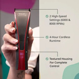 Feature callout graphic showing Wahl Bravura2 Cordless 5-in-1 Clipper, highlighting 2 high-speed settings (6,000 & 8,000 RPM), 4-hour cordless runtime and textured housing