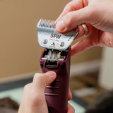 Hands attaching an Andis Wide 5F M-Force Blade to a clipper body