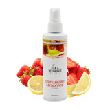 Front view of Seasonal Scents Strawberry Lemonade Cologne 8 oz bottle, displayed with fresh strawberries and lemons