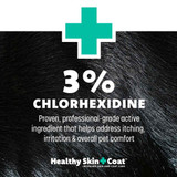 Close-up of a dog's coat with the Healthy Skin + Coat logo and text: '3% Chlorhexidine' and 'Proven, professional-grade active ingredient that helps address itching, irritation and overall pet comfort'