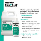 Graphic of Healthy Skin + Coat Advanced Medicated Clean Shampoo with product images and text describing active ingredient, directions and recommended products to use with it