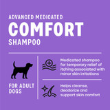 Purple graphic with text: ‘Advanced Medicated Comfort Shampoo.’ Icon of a dog with text: ‘For adult dogs.’ Additional text reads: ‘Medicated shampoo for temporary relief of itching associated with minor skin irritations' and 'Helps cleanse, deodorize and support skin comfort.'