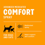 Gold graphic with text: ‘Advanced Medicated Comfort Spray.’ Icons of a dog and cat with text: ‘For dogs and cats.’ Additional text reads: ‘Medicated spray' and 'Helps support skin comfort.'
