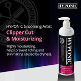Graphic highlighting Grooming Artist Clipper Cut & Moisturizing shampoo, described as highly moisturizing to help prevent itching and skin flaking caused by dryness