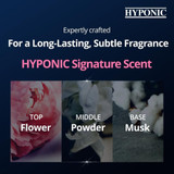 Graphic highlighting HYPONIC signature scent, with fragrance notes listed as top: flower, middle: powder and base: musk