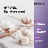 Graphic highlighting HYPONIC signature scent, showing cotton flowers with fragrance notes listed as top: flower, middle: powder and base: musk