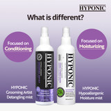 Comparison graphic showing Grooming Artist Detangling Mist focused on conditioning and Hinoki Cypress Moisturizing Mist focused on moisturizing
