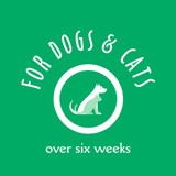 Green graphic with the text 'For dogs & cats over six weeks,' surrounding a white icon of a dog and cat