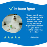 Customer review graphic for earthbath® Shed Control Conditioner labeled 'Pet Groomer Approved,' featuring a five-star groomer review praising the formula for its scent, softness, shine and effectiveness on double-coated shedding breeds