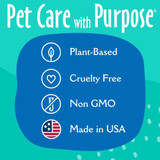 Graphic with the heading 'Pet Care with Purpose,' highlighting earthbath®'s plant-based, cruelty-free, non-GMO formulas made in the USA, alongside matching icons for each feature