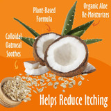 earthbath® Fragrance Free Oatmeal & Aloe Itch Relief Shampoo graphic highlighting its plant-based formula with ingredients that help reduce itching, including soothing colloidal oatmeal and moisturizing organic aloe