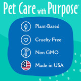 Graphic with the heading 'Pet Care with Purpose,' highlighting earthbath®'s plant-based, cruelty-free, non-GMO formulas made in the USA, alongside matching icons for each feature