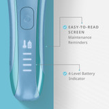 Feature callout graphic showing LED display on Wahl Motiva2 Cordless 5-in-1 Clipper, highlighting its easy-to read screen with maintenance reminders and 4-level battery indicator