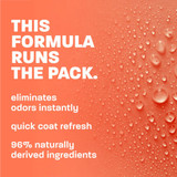 Orange background with water droplets and text reading "This Formula Runs the Pack" alongside benefits including instant odor elimination, quick coat refresh and 96% naturally derived ingredients.