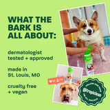 Green graphic featuring dogs being bathed with Tropiclean products and text highlighting that the brand's products are dermatologist tested, made in St. Louis, cruelty-free and vegan.