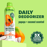 Tropiclean Papaya + Coconut Deodorizing Pet Spray displayed with papaya and coconut slices alongside text reading "Daily Deodorizer," "papaya + coconut scented" and "3x longer lasting fragrance."