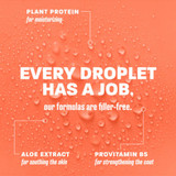 Orange background covered in water droplets with text stating "Every Droplet Has a Job" and highlighting plant protein for moisturizing, aloe extract for soothing the skin and provitamin B5 for strengthening the coat. Formulas are filler-free.
