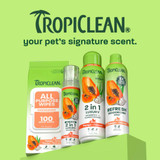 Lineup of Tropiclean Papaya + Coconut products including grooming wipes, 2-in-1 shampoo and conditioners and deodorizing spray, with the Tropiclean logo and text reading "your pet's signature scent."