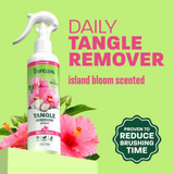 Tropiclean Island Bloom Tangle Remover Pet Spray displayed with tropical floral blooms alongside text reading "Daily Tangle Remover," "island bloom scented" and "Proven To Reduce Brushing Time."