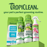 Lineup of Tropiclean products including grooming wipes, shampoo, conditioner and tangle remover spray, with the Tropiclean logo and text reading "your pet's perfect grooming routine."