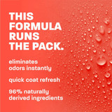 Orange background with water droplets and text reading "This Formula Runs the Pack" alongside benefits including instant odor elimination, quick coat refresh and 96% naturally derived ingredients.