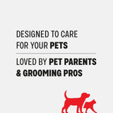 Text reading “Designed to care for your pets, loved by pet parents & grooming pros” with a red silhouette of a dog and cat.