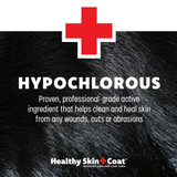 Hypochlorous ingredient label with red medical cross and animal fur background.