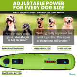 Graphic highlighting adjustable power of the Diamondg Professional Series Nail Grinder to accommodate dogs of every size