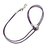 Trach Saver® purple grooming restraint with a stainless-steel swivel snap and sliding neck adjuster, designed to reduce throat pressure during pet grooming.