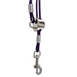 Close-up of the Trach Saver® purple grooming restraint showing the stainless-steel sliding adjuster, swivel snap, and secure attachment hardware.