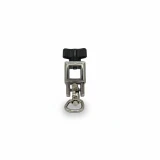 Stainless steel grooming arm slider with an attached swivel toggle snap for adjustable restraint positioning on grooming arms.