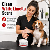 Warren London Groomers Hands Butter being applied to hands beside a dog, highlighting its clean White Limetta scent with a light, citrus-fresh fragrance that is gentle around sensitive noses.
