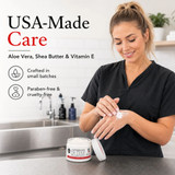 Warren London Groomers Hands Butter being applied to hands, highlighting its USA-made formula with aloe vera, shea butter and vitamin E, plus paraben-free and cruelty-free care.